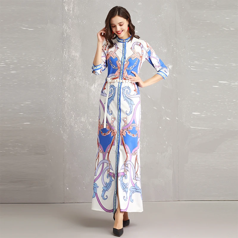 2019 Spring Pretty Print Maxi Dress Women New Hot Three Quarter Sleeve O_neck Female Slim Sweet Long With Belt | Женская одежда