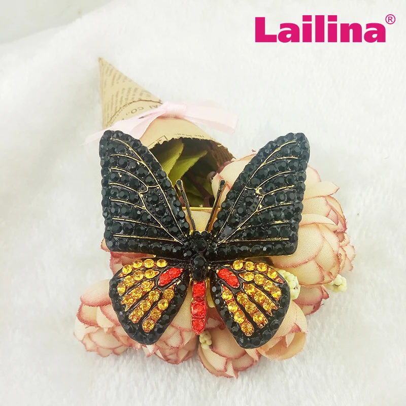 100 шт./лот золотые Тоны черные и желтые бабочки броши со стразами заколки брошь в