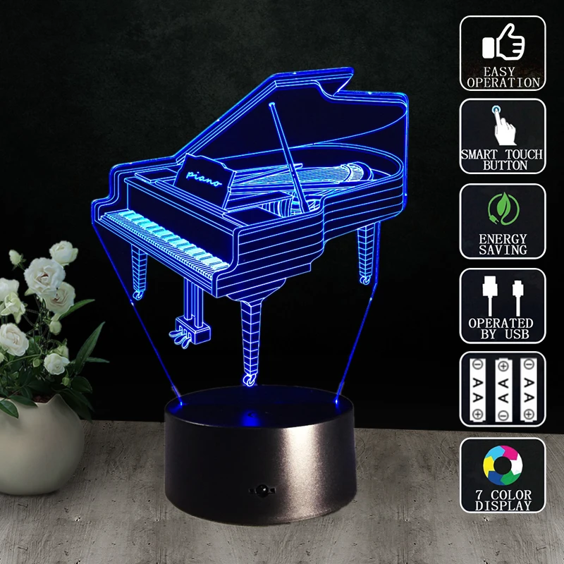 Ночник с 3d иллюзией для пианино светодиодная энергосберегающая акриловая