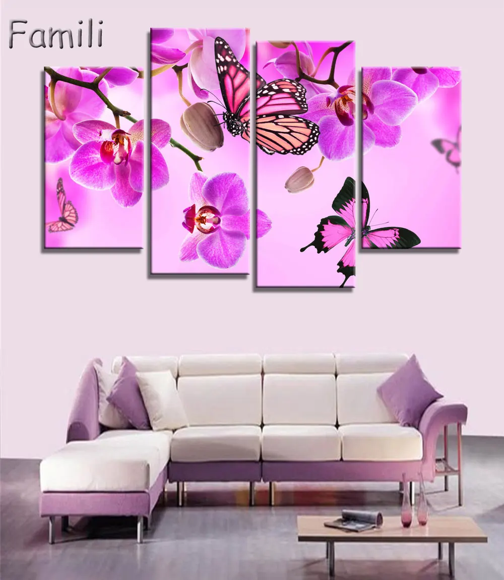 4 шт. настенные картины Орхидея|picture for living room|wall picturespurple orchids |