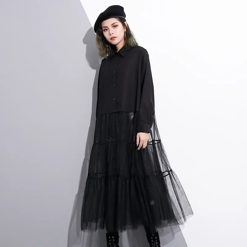 Новинка 2019 года модное платье с отложным воротником и длинными рукавами в стиле