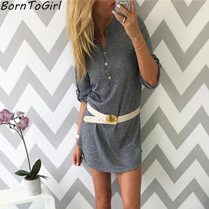 BornToGirl Осенняя мини рубашка платья женские повседневные с v образным вырезом