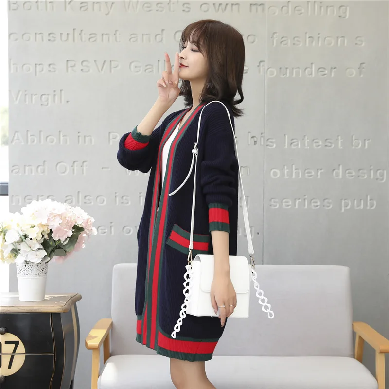 Rurouisbeir Women Cardigan 2019 Fashion Women's Sweaters Long Contrast Color Pocket Loose Female |