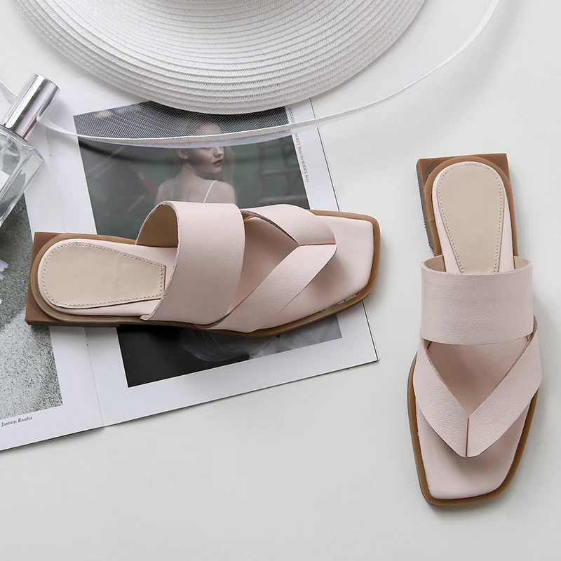 Женские шлепанцы из 100% бычьей кожи Повседневные Вечерние на плоской подошве