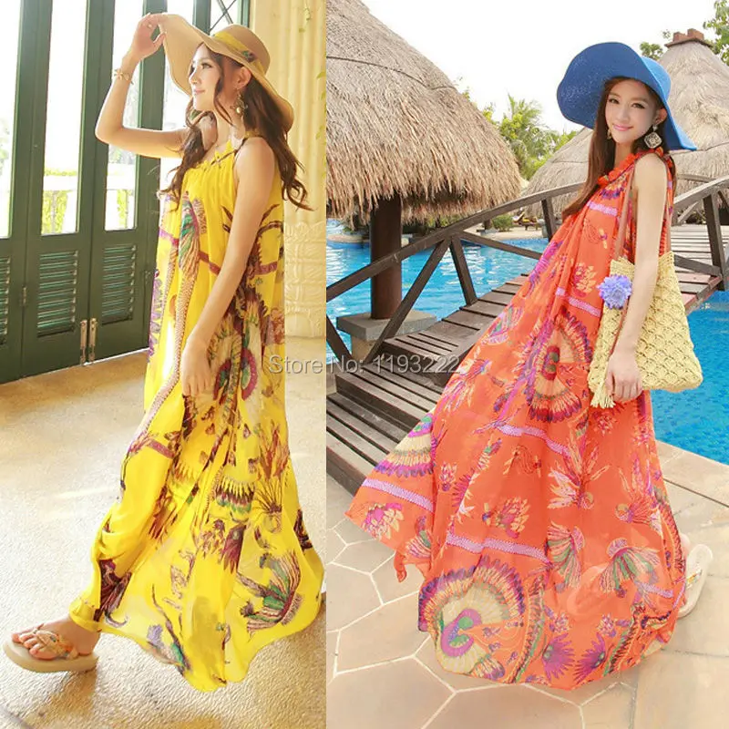 Womne Summer Fashion Retro Ruffle Neck Sleeveless Boho Chiffon Floral Pleated Loose Belted Party Big Hem Long Maxi Dress | Женская