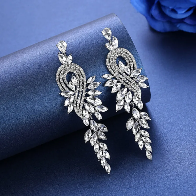 Модные циркониевые листья длинные висячие серьги для женщин хрустальные с
