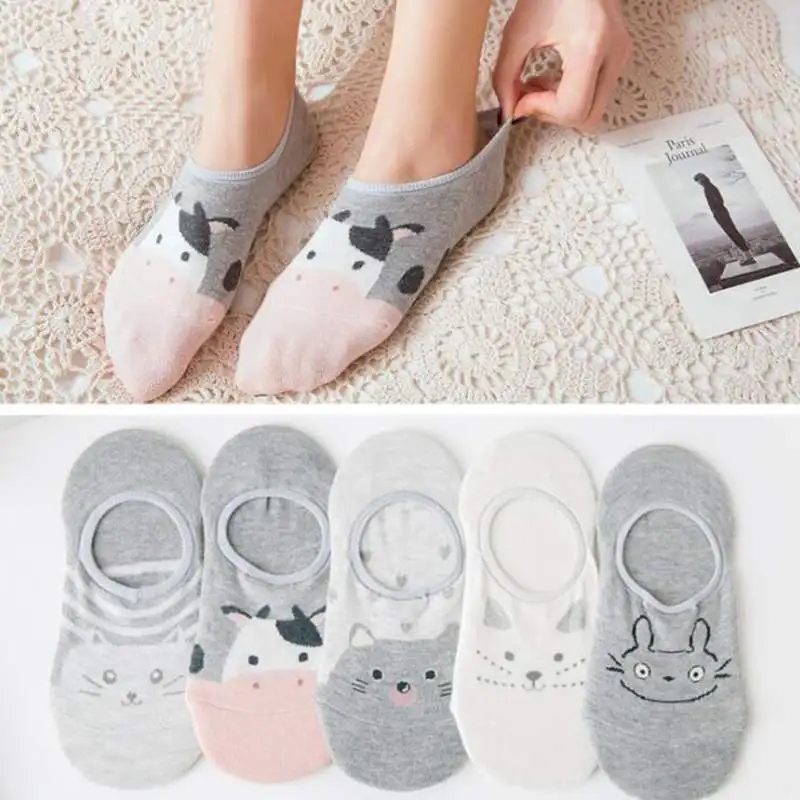 gray cow 5 пар/партия, милые женские Носки с рисунком, хлопковые носки с принтом кота, лисы, кролика, животных, летние забавные женские короткие носки - Цвет: gray cow