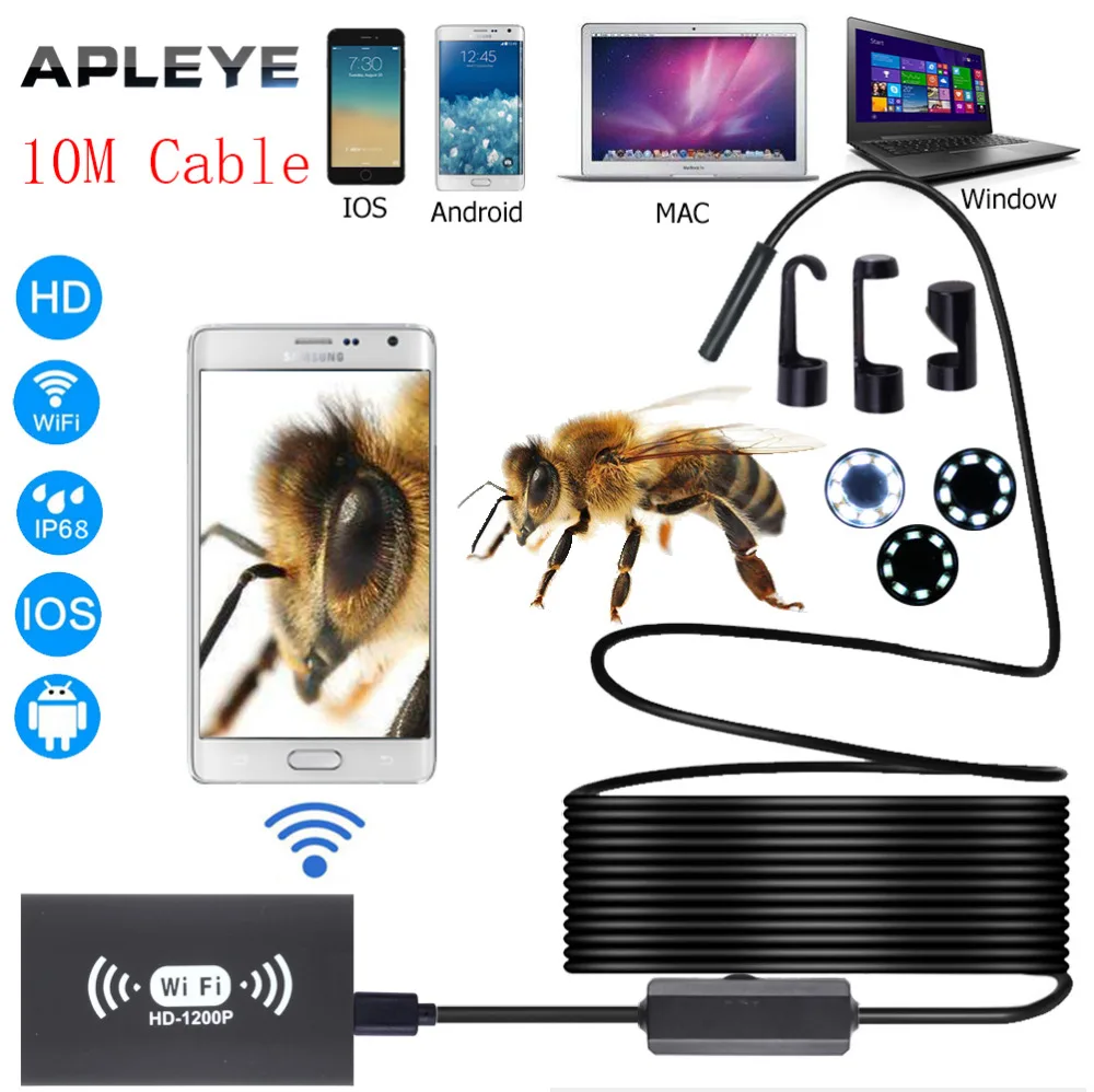 APLEYE 10 м Softwire кабель Wi-Fi эндоскопа Камера 1200 P 8 мм бороскоп USB мини 800 мАч