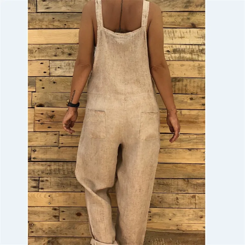 

2018 Fashion Spring Summer Women Rompers Strappy Cotton Linen Long Jumpsuits Casual Solid Dungarees Loose Bib Overalls