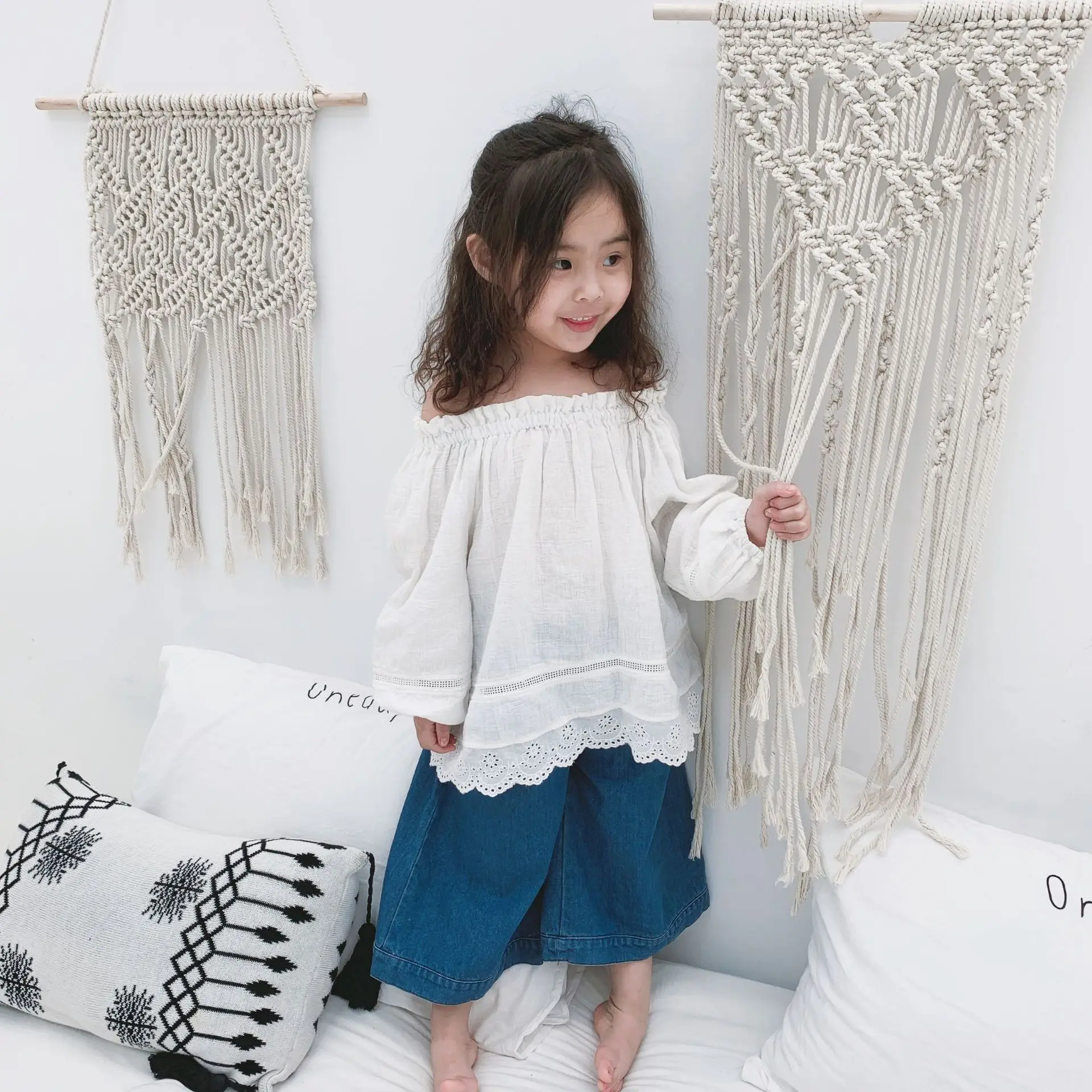 2019 Весенняя блузка для маленьких девочек льняная одежда с оборками