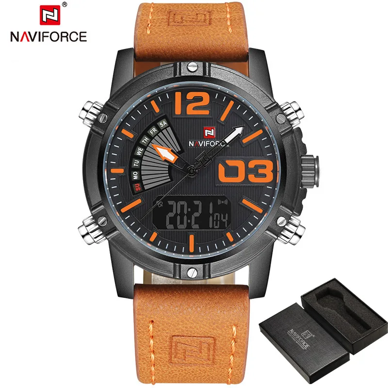 9095BOLBN NAVIFORCE мужские модные спортивные часы, мужские кварцевые аналоговые часы с датой, мужские кожаные военные водонепроницаемые часы, Relogio Masculino - Цвет: 9095BOLBN