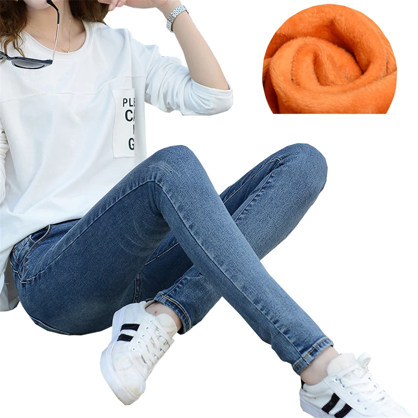 Новые зимние модные женские повседневные флисовые Теплые джинсы узкие с высокой