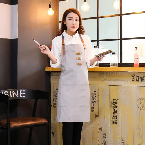 Grey Модный простой Cofffee фартук для магазина 3 цвета влюбленных пар индивидуальные полиэфирные фартуки с карманами для кухни ресторана столовой - Цвет: Grey