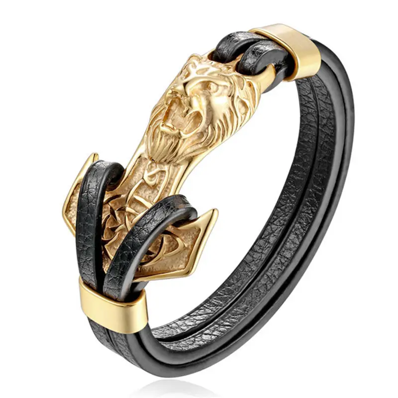 As shown Мужские браслеты Leo, нержавеющая сталь, якорные скобы, многоэтажные, Воловья кожа, веревка, цепь, черная кожа, мужские часы наручные, ювелирные изделия - Окраска металла: As shown