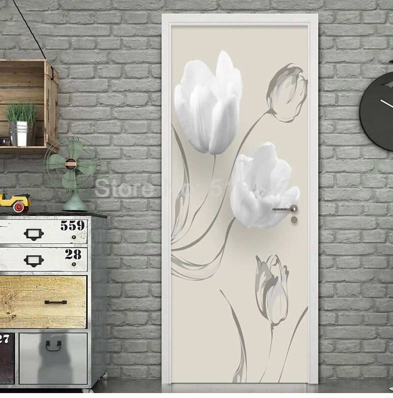DIY самоклеющиеся водонепроницаемые наклейки на дверь белые цветы Настенные обои 3D современные наклейки на дверь для гостиной спальни домашний декор