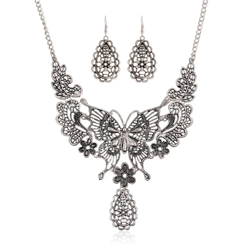 Vintage Antique Gold Butterfly Pendant Necklace Earring Jewelry Sets For Women Statement Choker Duftgold | Украшения и аксессуары