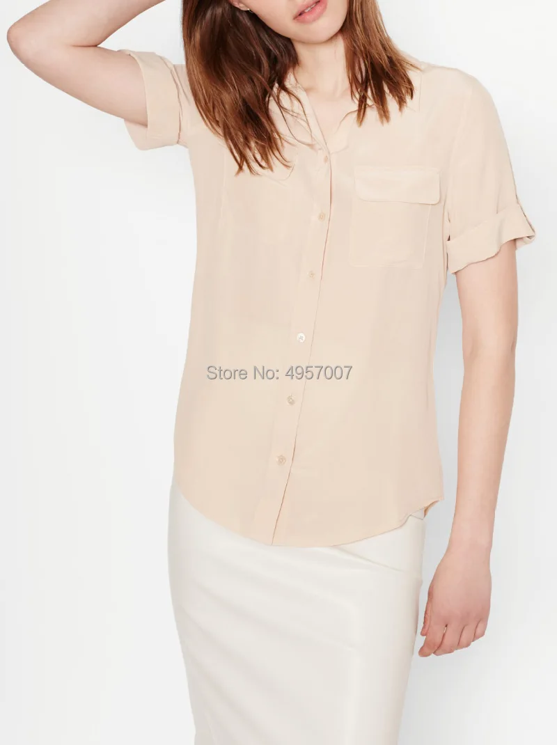 Шелковая однотонная блузка с отложным воротником рубашка коротким рукавом и