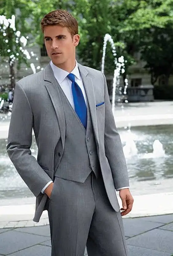 

One Button Grey 3 Piece Men Suits Slim Fit Peaked Lapel Tuxedos Wedding Suits