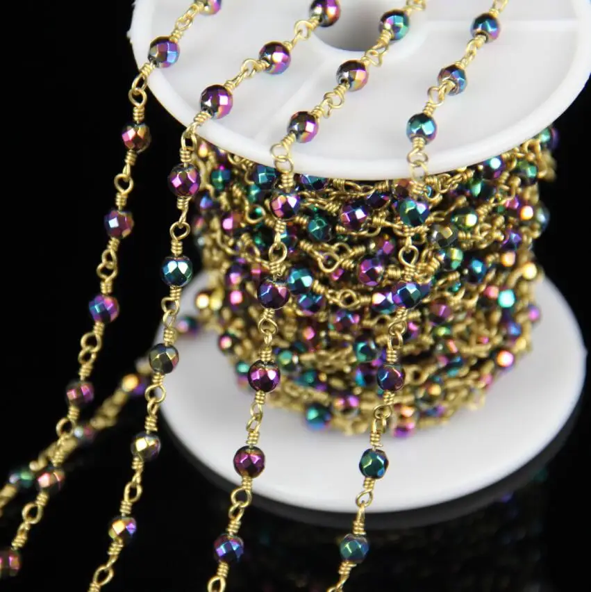 Faceted Round Iron Pyrite Beads Chains 4mm Rainbow Titanium Plated Wire Wrapped Golden Links Bracelets | Украшения и аксессуары