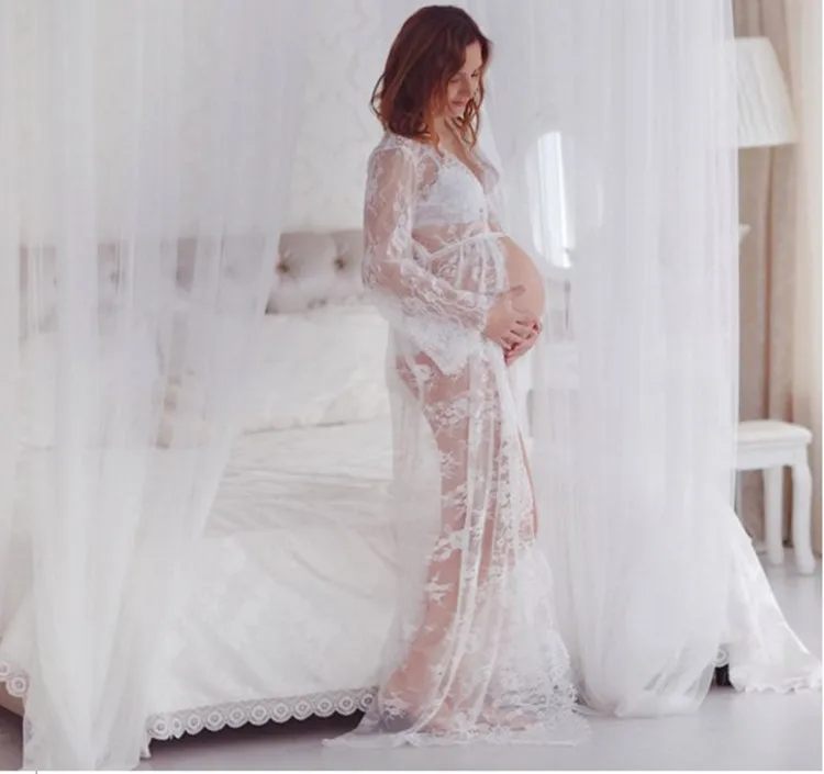 white pregnant dress Off White Matenity платье Фотосессия Материнство фотография Реквизит кружевные платья длина до пола Кружева материнство Макси платье просвечивается - Цвет: white pregnant dress