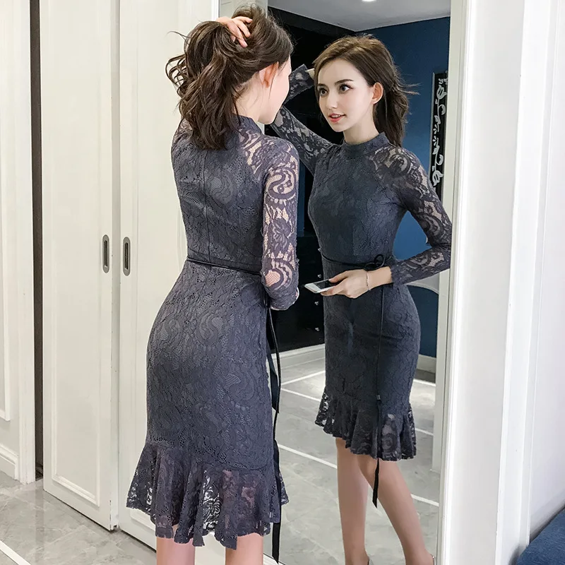 Женское кружевное платье русалка облегающее винтажное Вечерние длинным рукавом