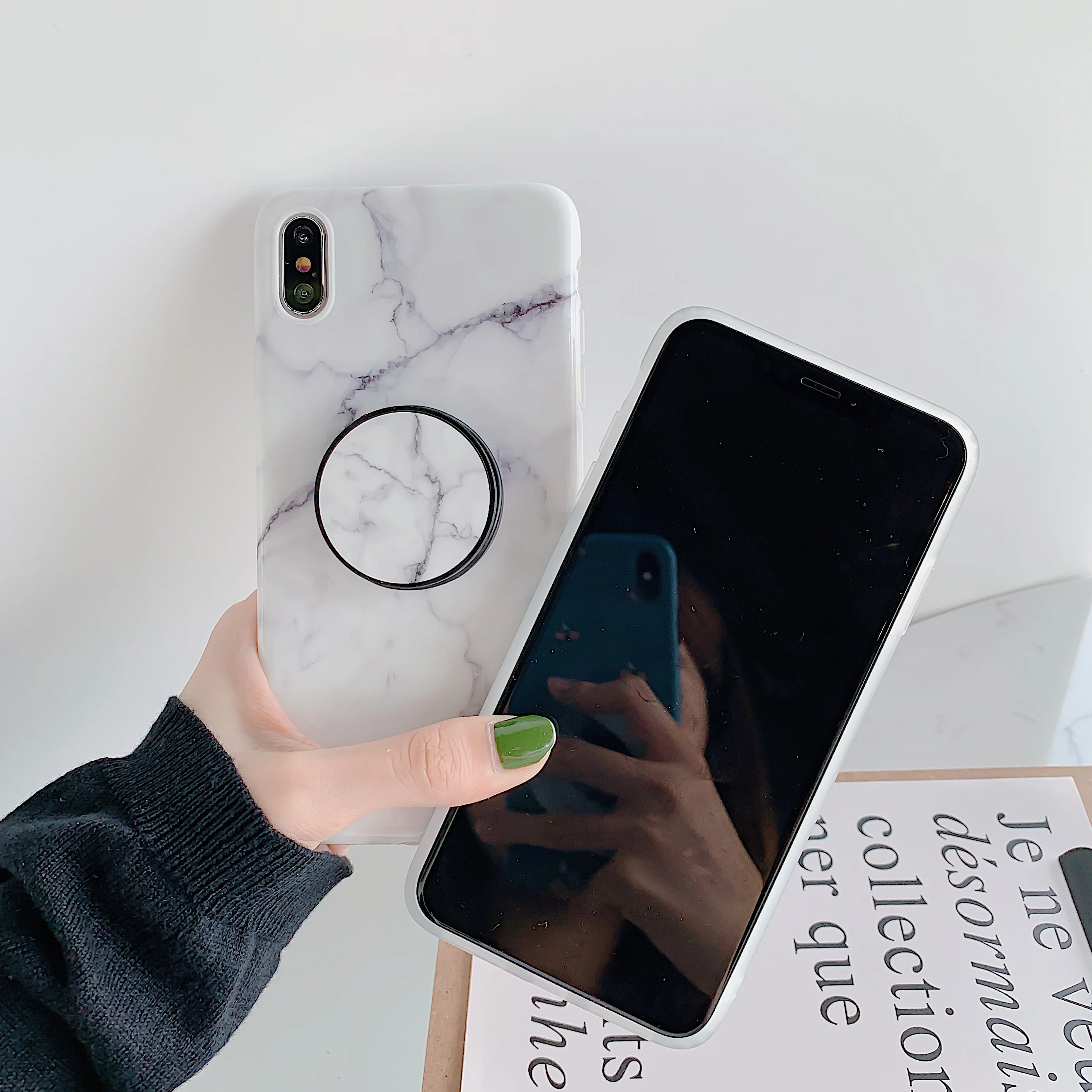 Глянцевый черный золотой мраморный чехол с подставкой и кольцом для iPhone XS Max XR X 6 6s