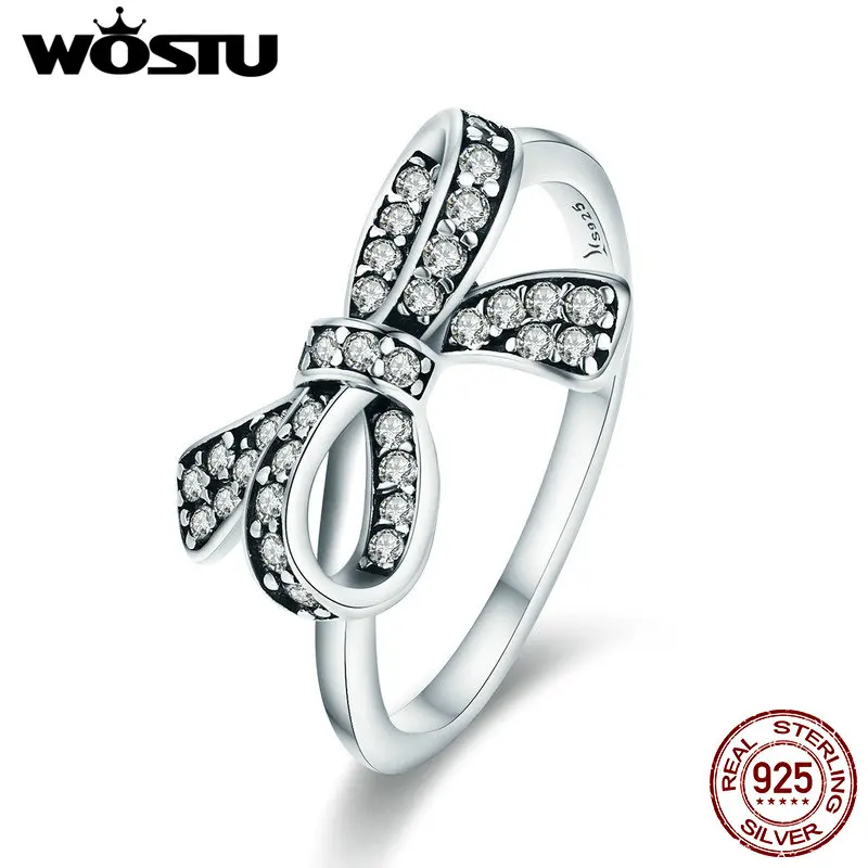 WOSTU Настоящее серебро 100% 925 пробы любовь бант палец кольца для женщин модные