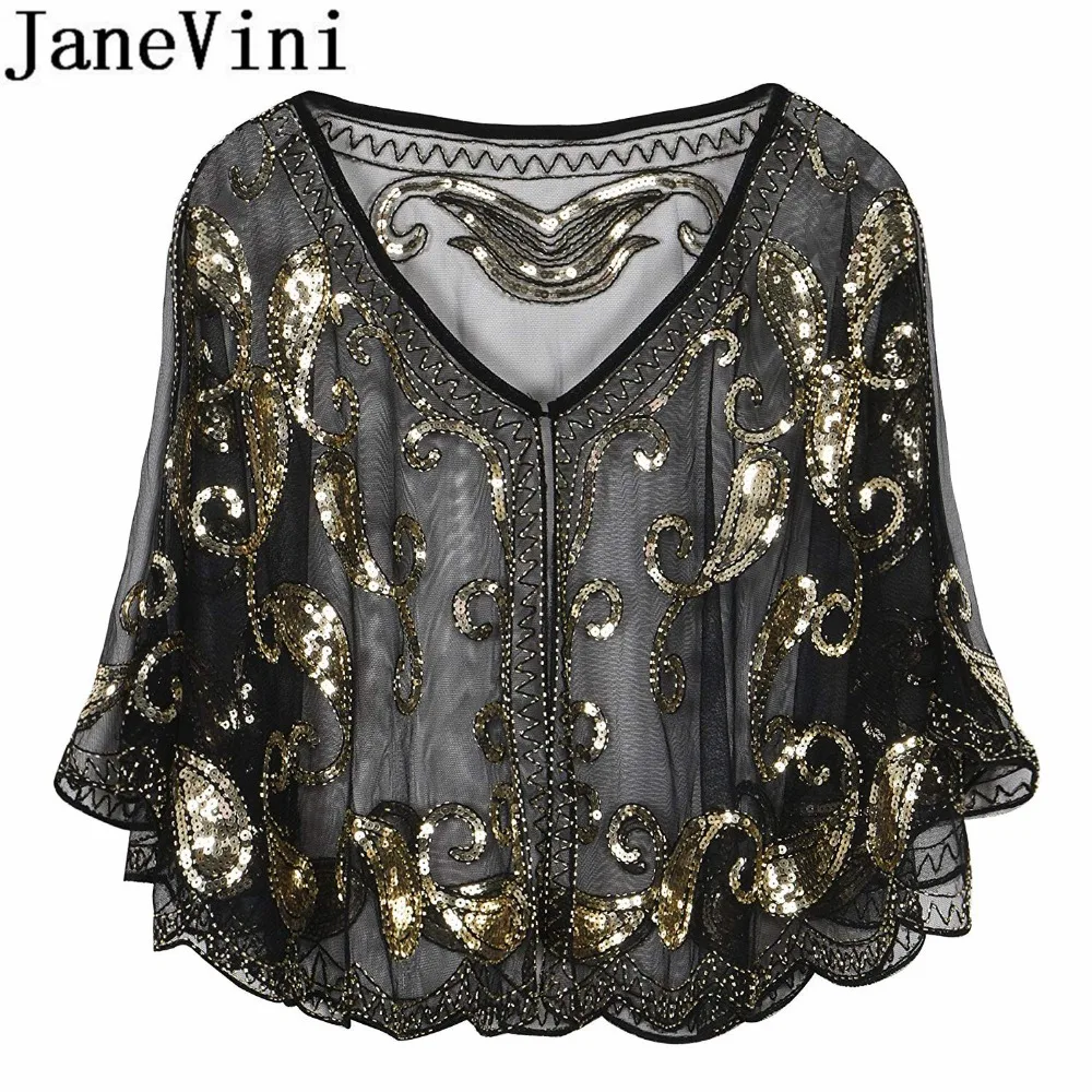 JaneVini Blingbling расшитый блестками женский плащ вышитая бисером Свадебная кофта Болеро шаль черные Серебряные Блестки вечерние свадебные куртки палантин
