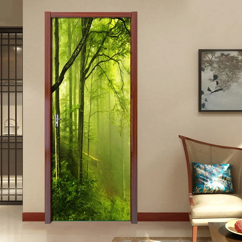 PVC Self Adhesive 3D Door Sticker Mural Foggy Green Forest Removable Wall Sticker Living Room Door Home Decor Wallpaper Poster