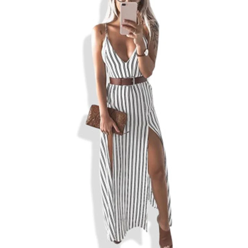 Женское облегающее платье в полоску длинное с v образным вырезом и поясом лето