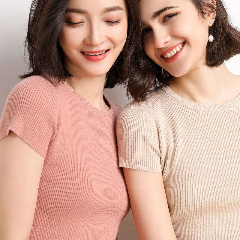 2019 spring O-neck short-sleeved knit bottoming shirt pullover solid color female half-sleeved thin | Женская одежда