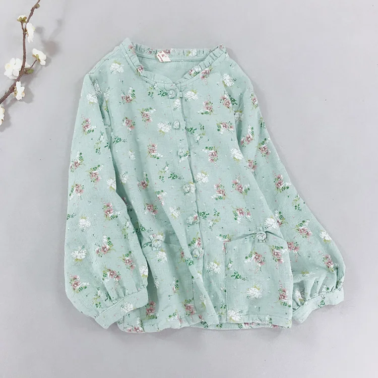 Рубашка с длинными рукавами принтом в виде маленьких цветов Плиссированный