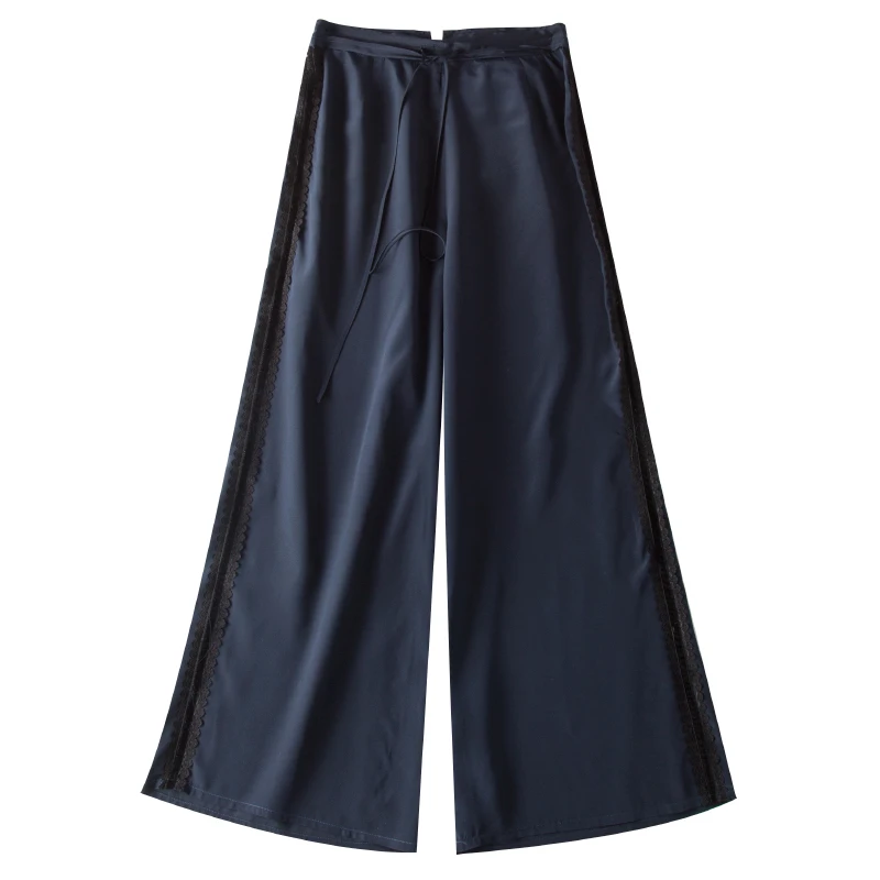 

Women Wide Leg Pants 100%Real Silk Crepe Navy Lace High Waisted Pants OL Ankle-Length Pants 2019 Office Lady Summer Trousers