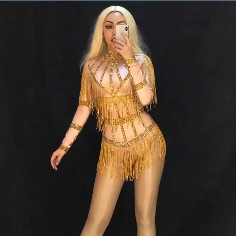 

Sexy Gold Fringes Dance Bodysuit Female Birthday Celebrate Tassel Leotard Outfit Singer Dancer Fashion Stretch Costume YOUDU