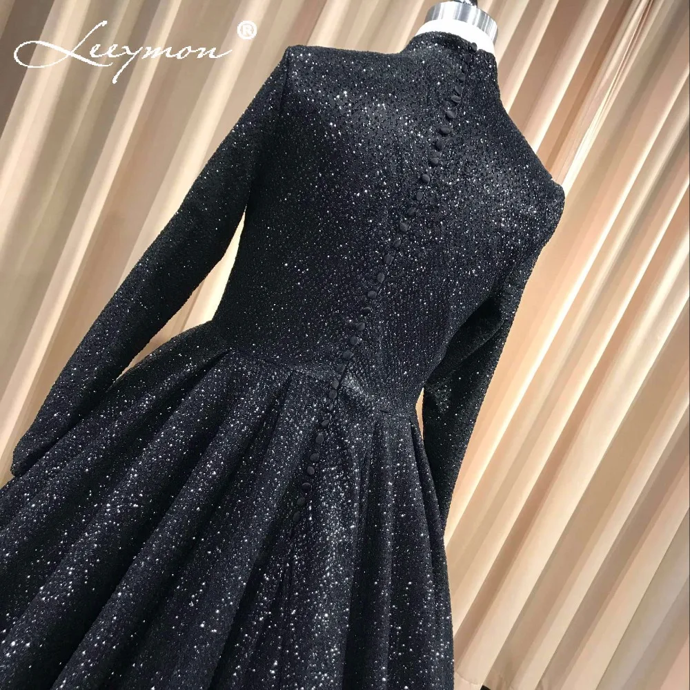 Robe De Soiree блестящее вечернее платье с длинными рукавами Черное вечернее платье длиной до пола с высоким воротом официальное длинное вечернее платье