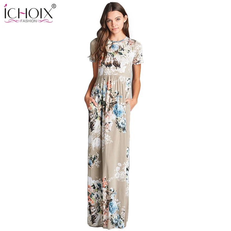 Ichoix Для женщин Цветочный принт длинные шифоновые платья Повседневное элегантный