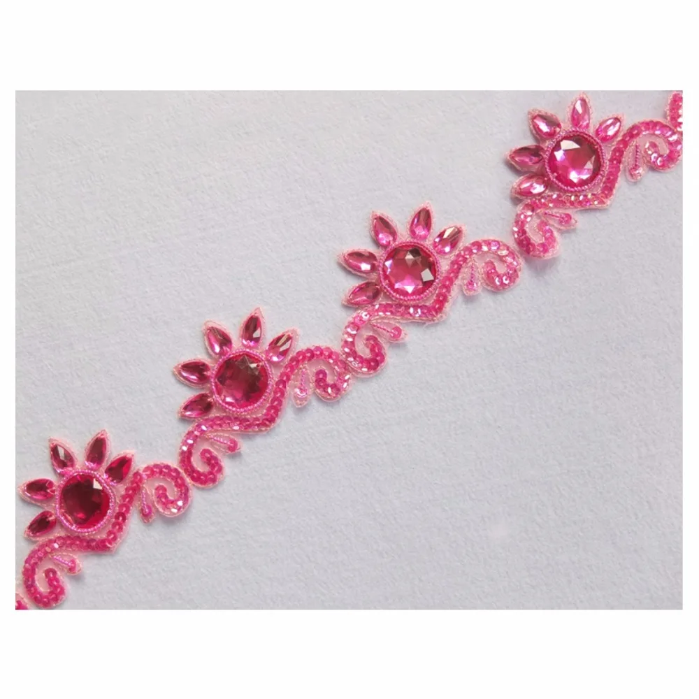 Free Shipping 1Yard x High Quality Pink Sequined Beaded Stoned Lace Trims for Costumes Couture Dress and Sewing DIY Crafts BT18F | Дом и сад