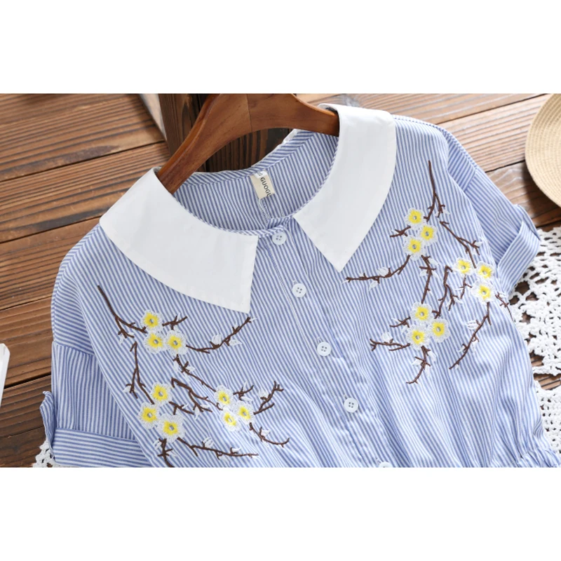 Women Summer Dress Striped Floral Embroidery Elegant Ladies Short Sleeve Sundress Female Mini Shirt Party Vestidos E140 | Женская одежда