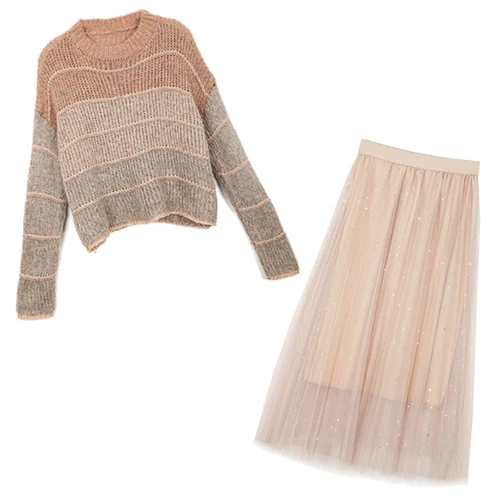 2 pcs set Коллекция года, модный костюм с рисунком на осень и зиму цветной вязаный свитер+ длинная трикотажная юбка комплект из двух предметов, высокое качество - Цвет: 2 pcs set