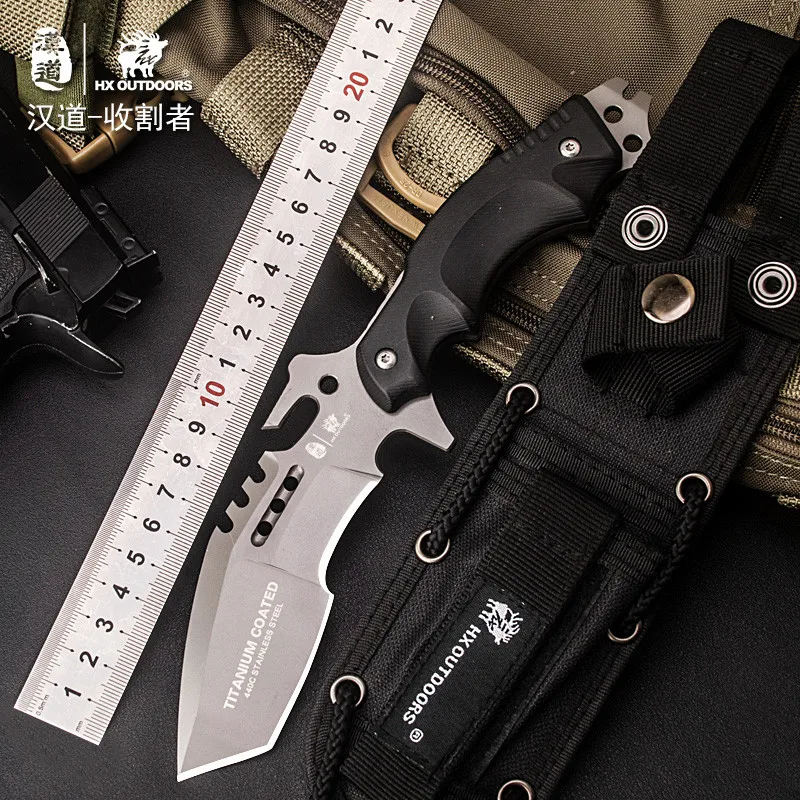 

Тактический прямой нож HX на открытом воздухе 440C Лезвие с титановым покрытием рукоятка G10 ножи с фиксированным лезвием многофункциональные ...