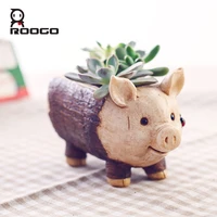 roogo creative pig design flowerpot resin wood flower pots micro landscape ornaments planter for home indoor