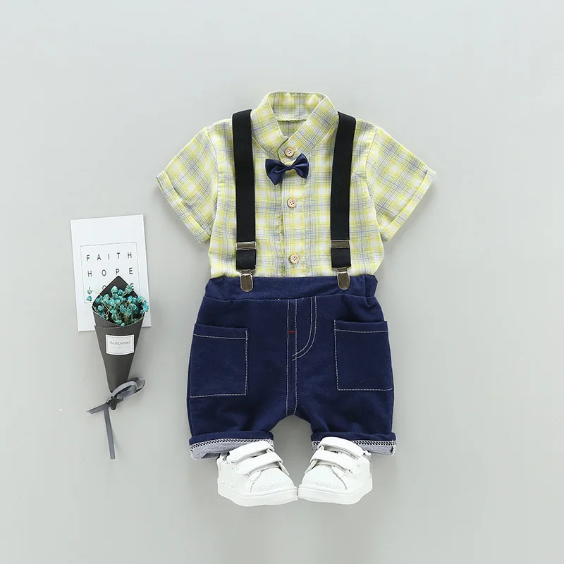 0-5 Years Kids Boys Clothes Sets 2pcs Gentlemen Suits Plaid Stand Collar T shirt+Jumpsuit Shorts New Summer Boy Sports Suit Z556 |