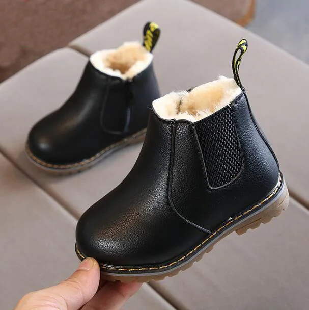 Winter Black Осенне-зимние детские ботинки из искусственной кожи; детские полуботинки «Челси»; Ботинки martin; размеры 21-36; ботинки для малышей; однотонные ботинки для мальчиков и девочек - Цвет: Winter Black