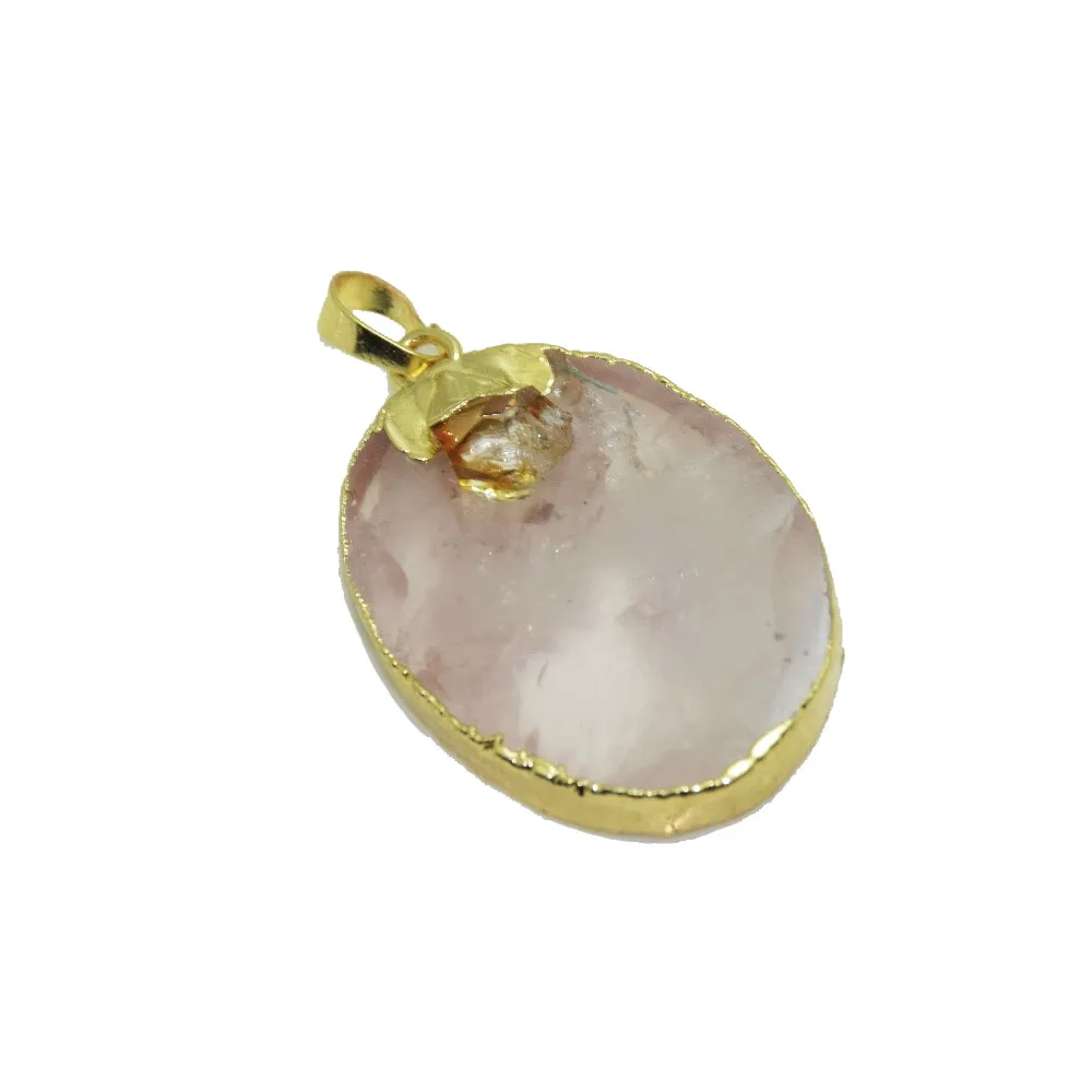 

Rose Crystal quartz pendulum pendant girl natural stone gold plating jewelry femme Love medal Oval chakra healing Friendship