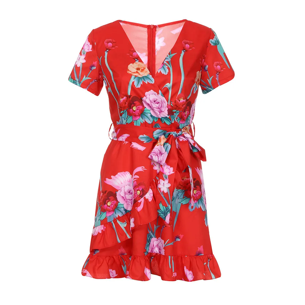 Vestidos verano 2018 женское летнее платье красное с коротким рукавом принтом и оборками