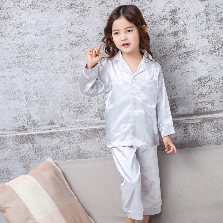 Silver Long Sleeve Корейский детский пижамный комплект, детские пижамы для девочек и мальчиков, шелковая пижама, enfant, детская одежда для сна Ночное белье с короткими рукавами, домашняя одежда, костюм, Новинка - Цвет: Silver Long Sleeve
