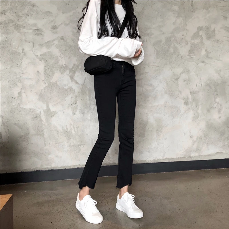 Женские брюки с высокой талией pantalon femme черные случайный звонок весна-осень 2019 |