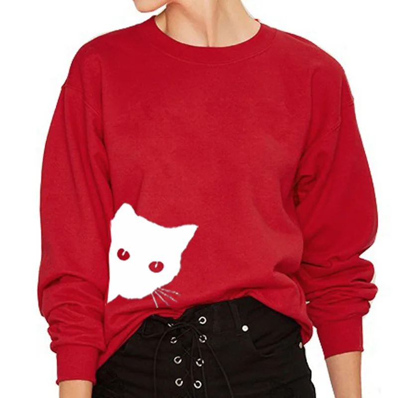 new hot American style cartoon cat pullover woman sweatshirt long sleeve casual slim o-neck female plus size | Женская одежда