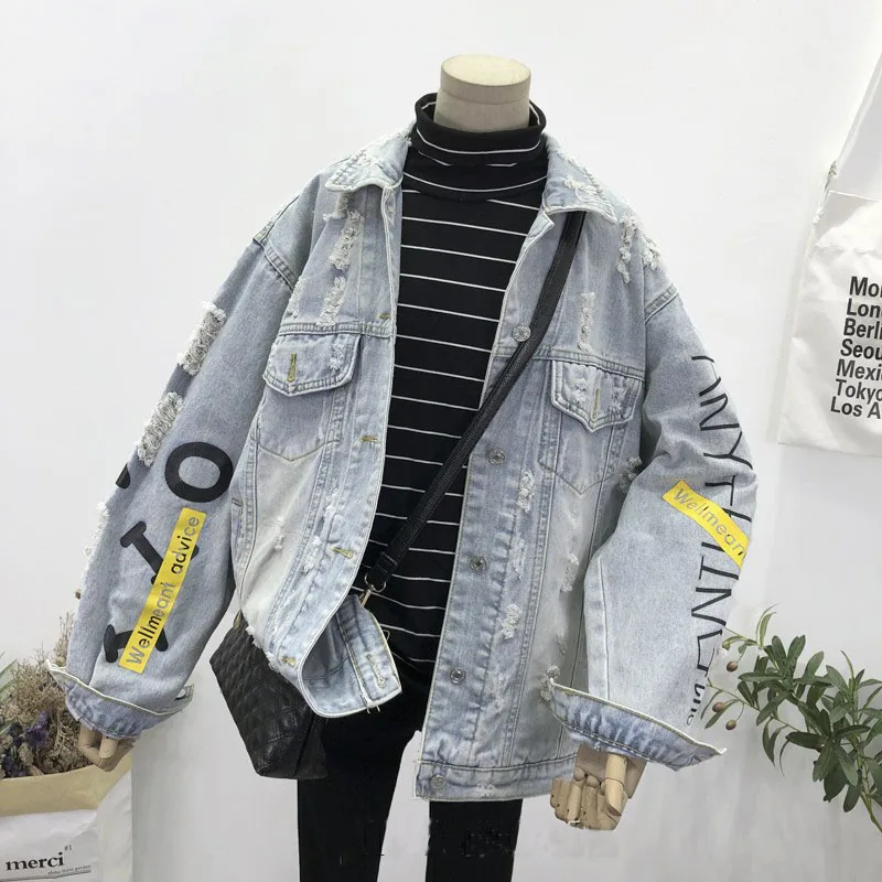 Женские винтажные джинсы с рисунком «граффити», куртка, свободная, Harajuku, с длинным рукавом, с дырками, джинсовое пальто, осенняя уличная одежда, Harajuku, джинсовые куртки - Цвет: Синий