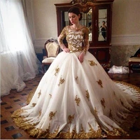 vestido de noiva white and gold ball gown wedding dresses long sleeve arabic appliques 2022 gold lace wedding gown chapel train